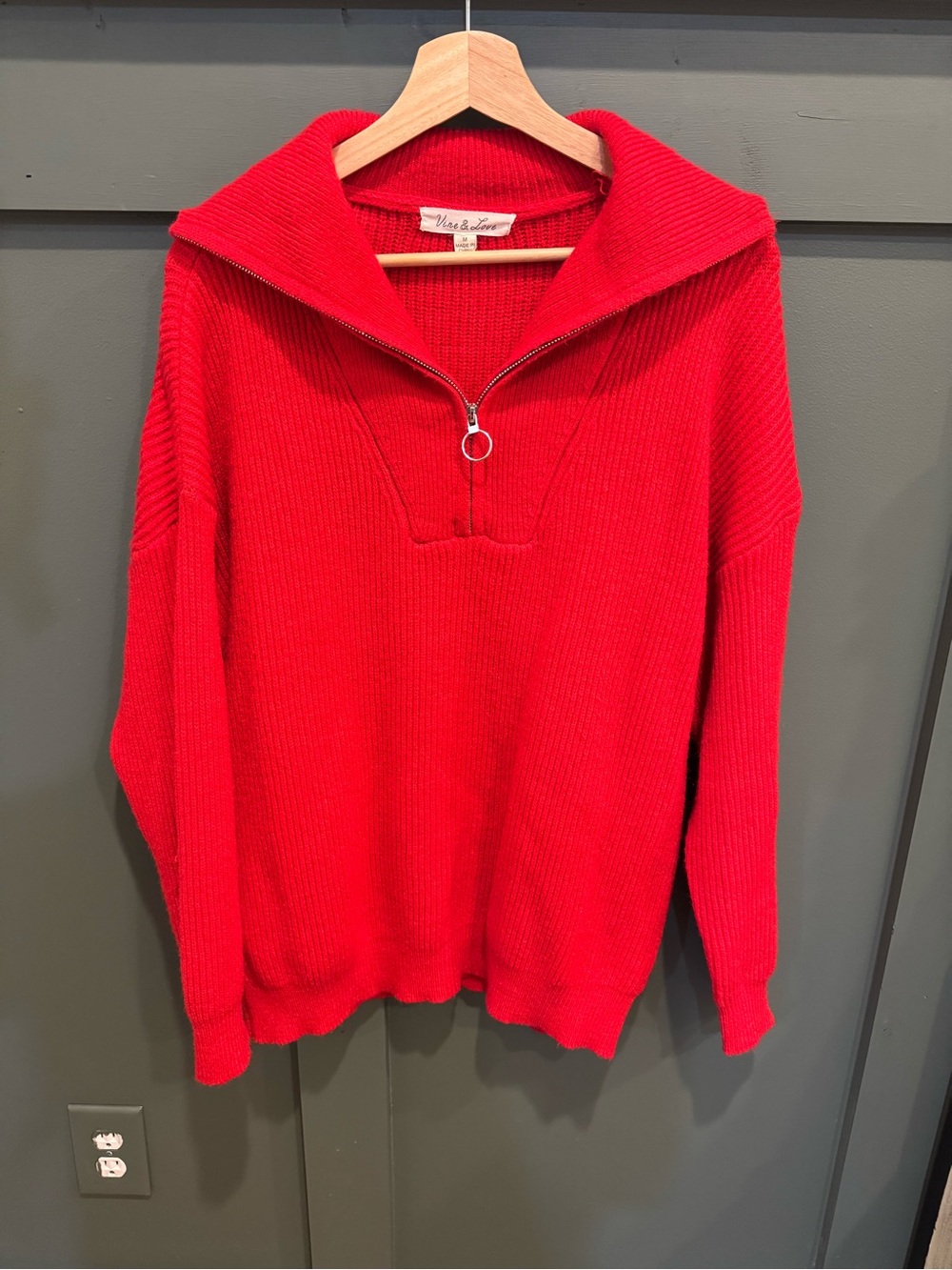 Vine & Love Bright Red Zip-Front Ribbed Turtleneck Sweater